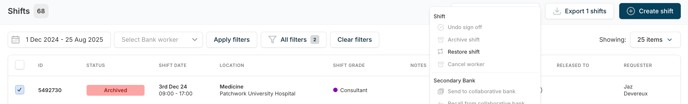 Archived shift - restore - action bar