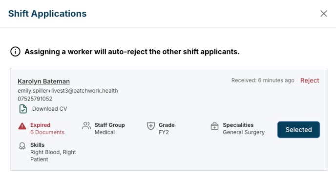 Collab bank - shift applications - selected