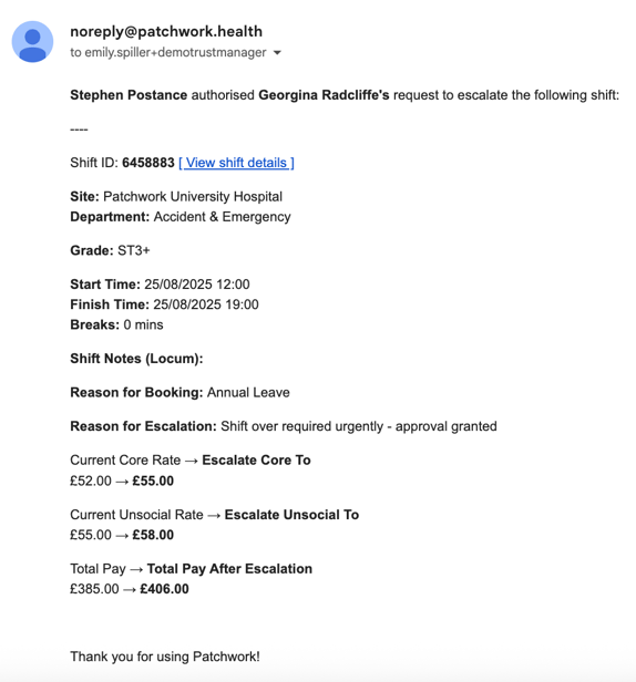 Escalated rate authorisation receipt email