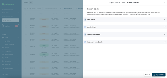 Export shifts to CSV - options