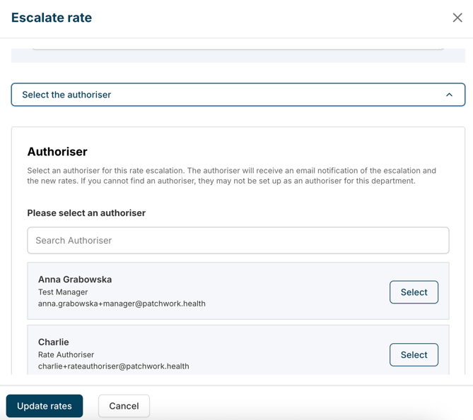 Simple rate escalation - select an authoriser