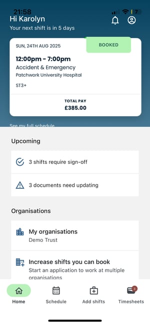 Booked shift - homepage