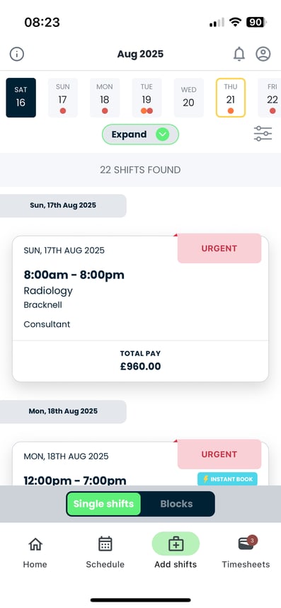 Shifts inc. urgent and instant book