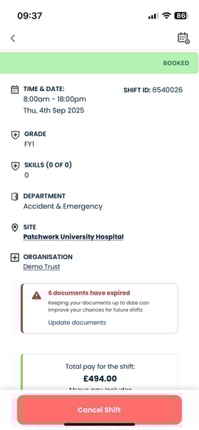 Bank mobile app - Shift details - cancel shift button