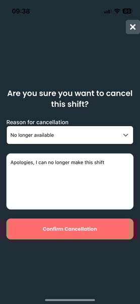 Bank mobile app - cancel shift reason